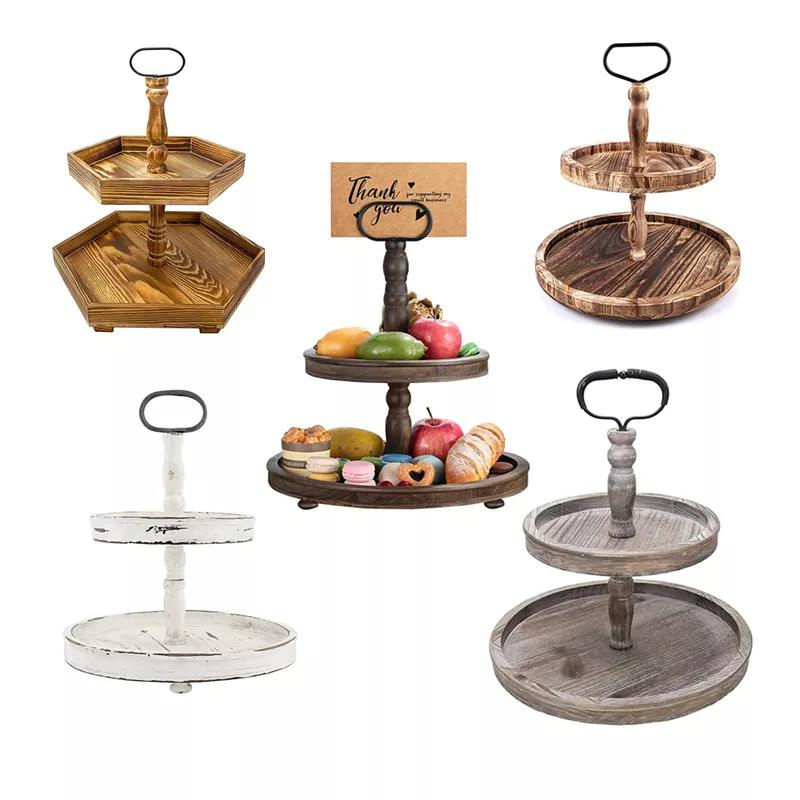 Farmhouse Vintage Distressed Wood Metal Handle 2 Tier Wooden Tray Cake Stand, Rustic Round 2 Tier Wooden Storage Serving Tray
