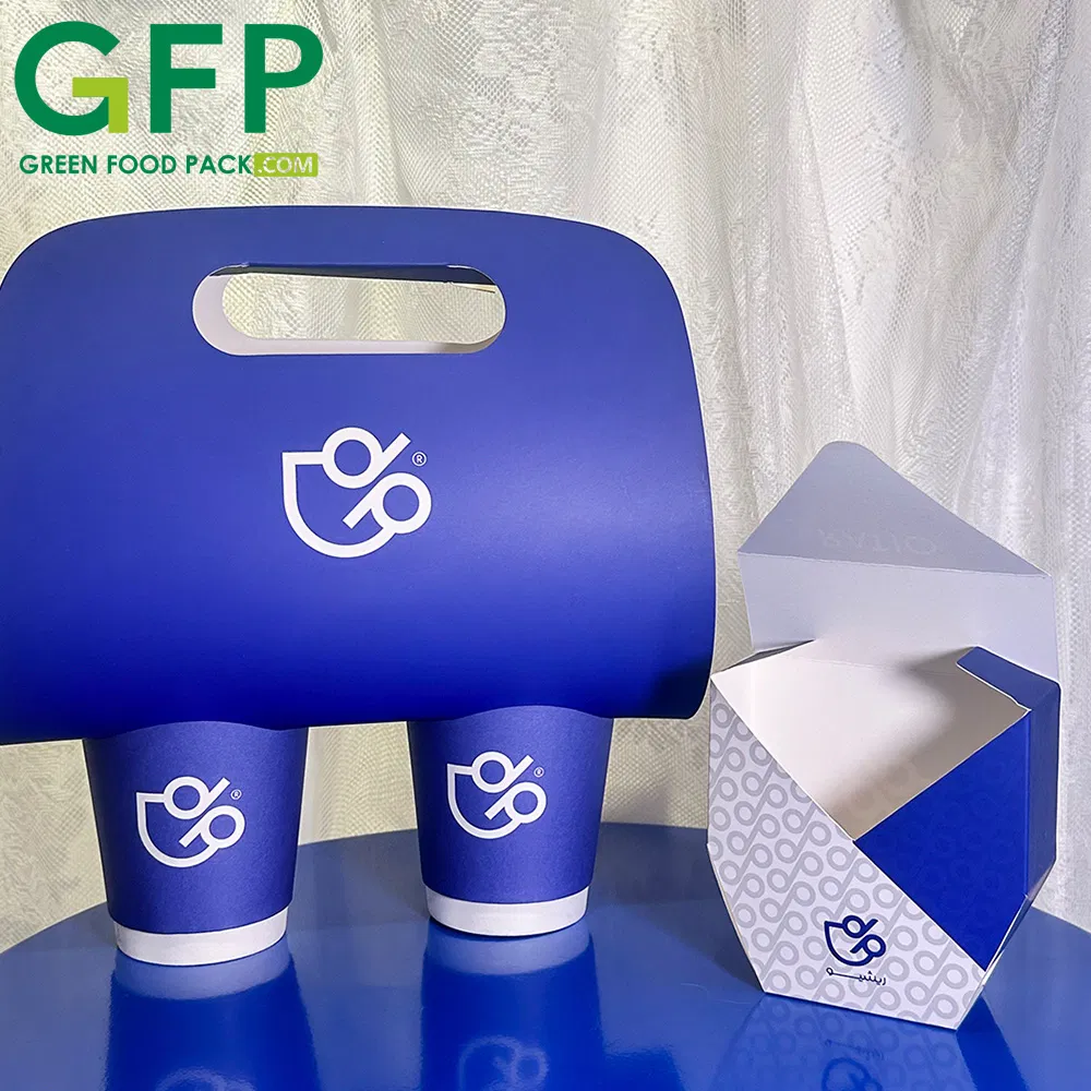 Custom Printed Disposable 2-Cup Carrier Double Wall Kraft White Cardboard Cafe Cup Holders for Milk Tea Coffee Take Away Go