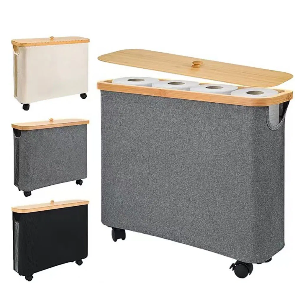 Mobile Bamboo Toilet Paper Holder with Lid and Wheels for Bathroom