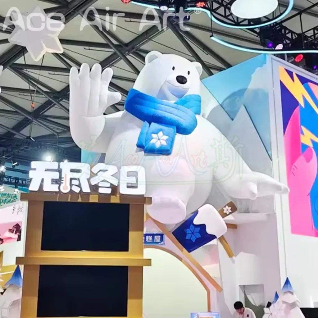 Custom Inflatable Cartoon White Bear Waving Smiling with Blue Scarf for Christmas Holiday Promotion Decoration