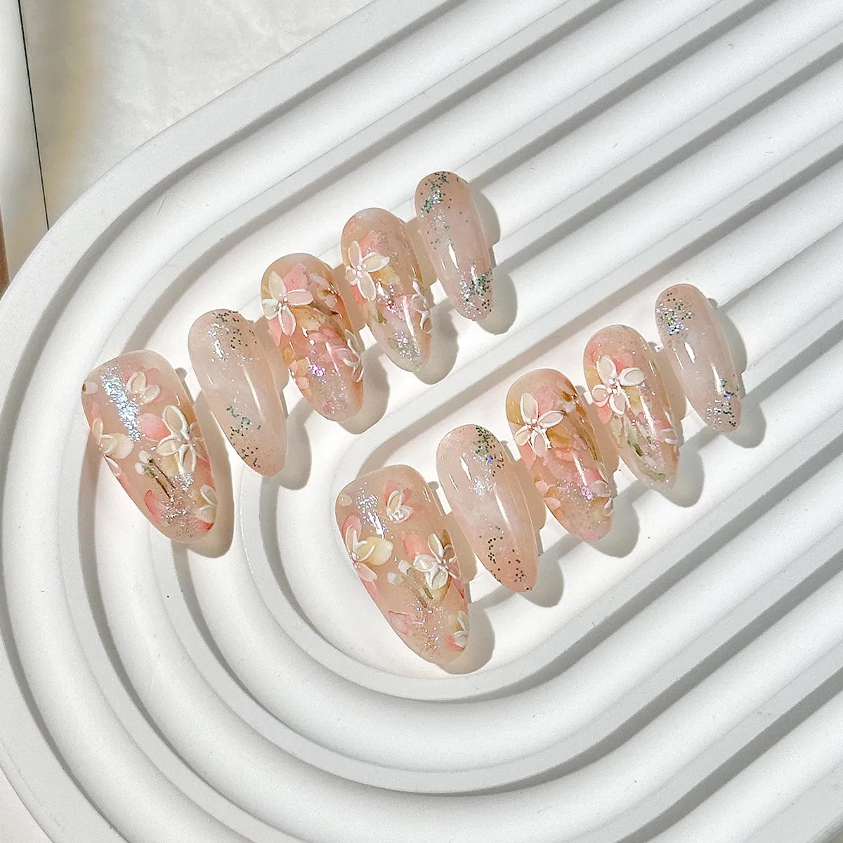 Wholesale Artificial Fingernails Pink 3D Flower High Quality False Nails Art