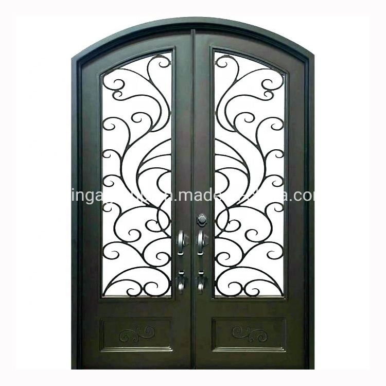 Blue Color Double Front Entry Royal Style Wrought Steel Iron Metal Security Glass Doulbe Security Door with Lock