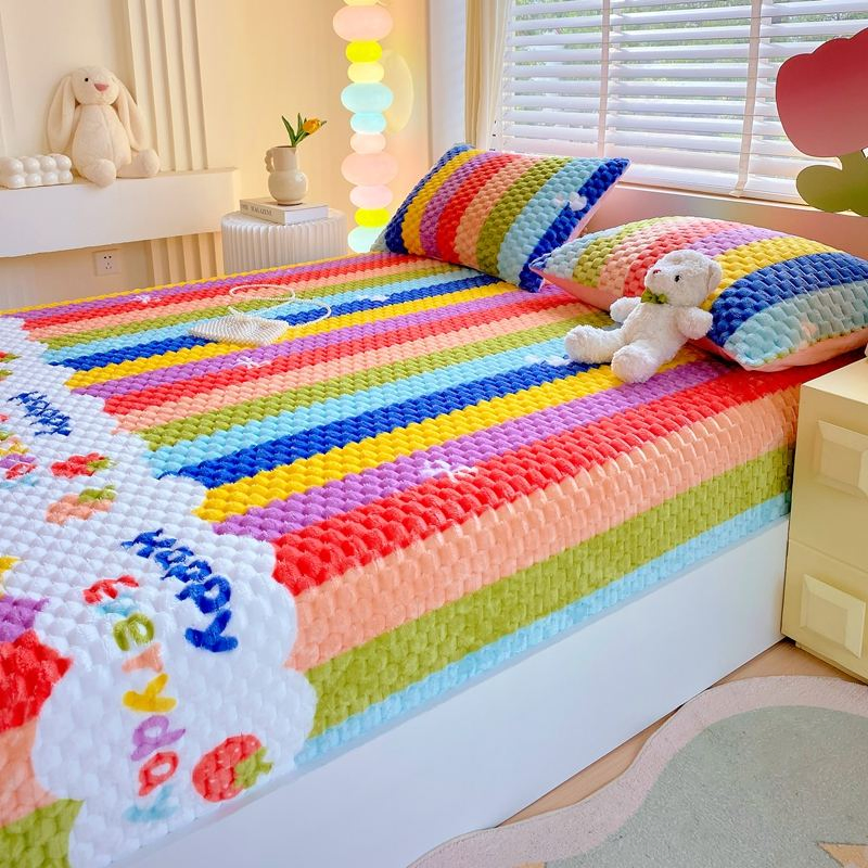 Cartoon Rainbow Deep Pocket High Elasticity Fitted Sheet with Anti-Slip Mattress Cover, 360° Protection Bed Sheet Bed Cover Fitted Sheet