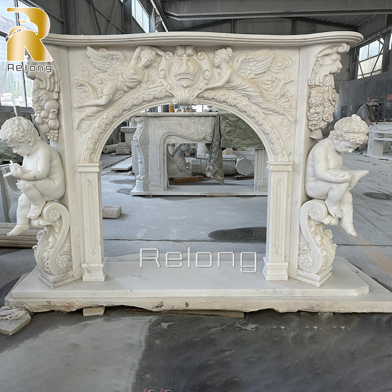 Exquisite Hand Carved White Marble Fireplace Surround with Three Baby Sculpture for Home Indoor Decor