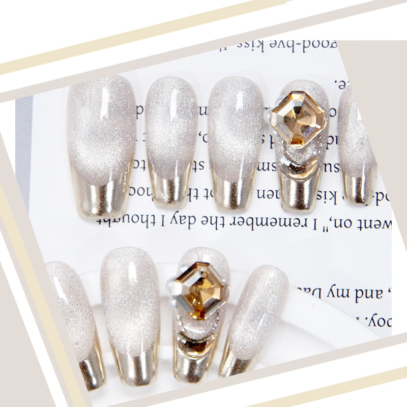 Luxury Silver Gold Glitter False Nails with Rhinestones - Elegant Press on Nails for Women - Reusable Artificial Nails