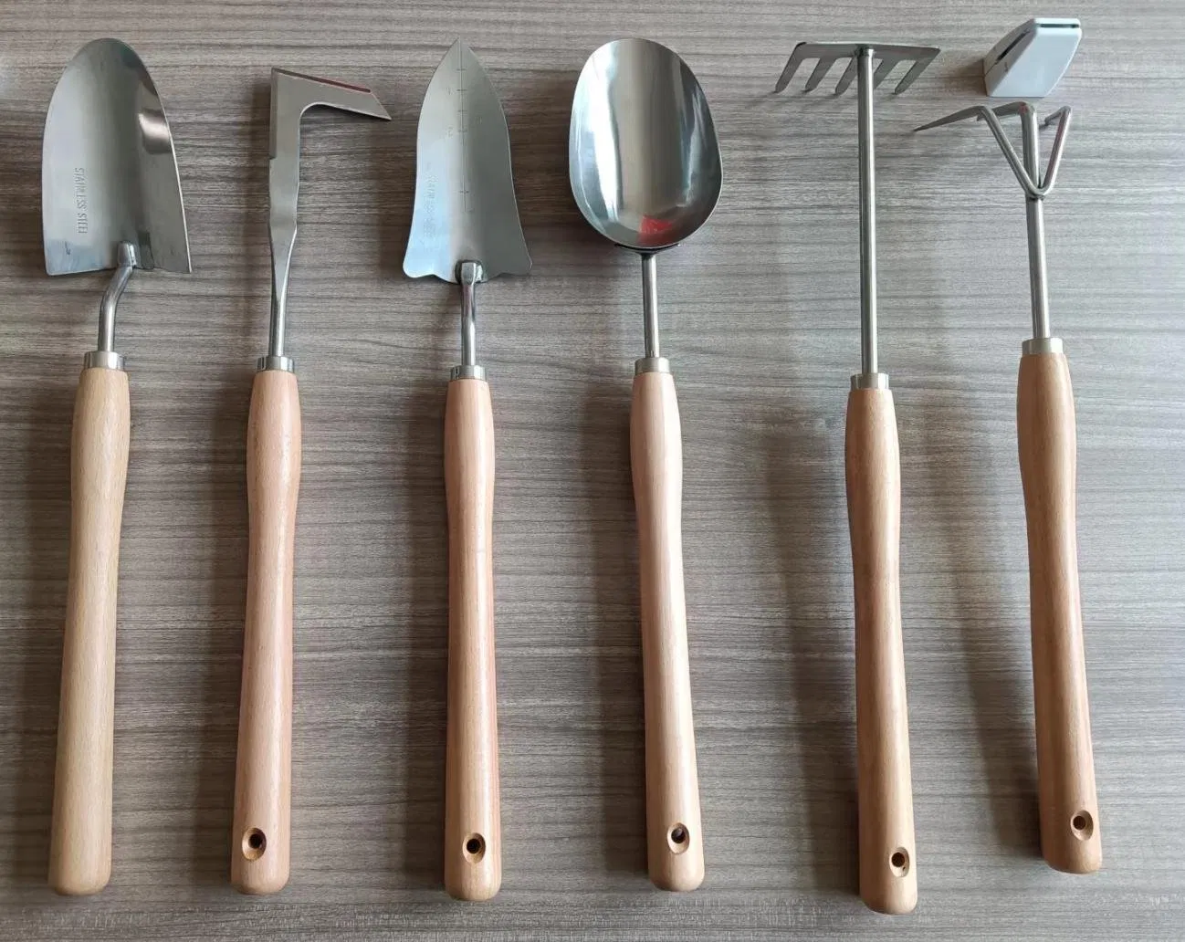 6 PCS Heavy Duty Ash Wood Handle Garden Tool Set with Mirror Polish Wood Stainless Steel Head