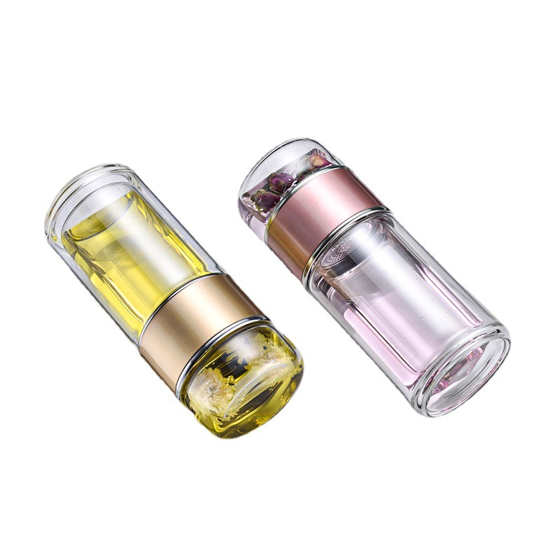 Portable BPA-Free Double Wall Insulated Glass Water Bottle with Filter for Loose Leaf Tea