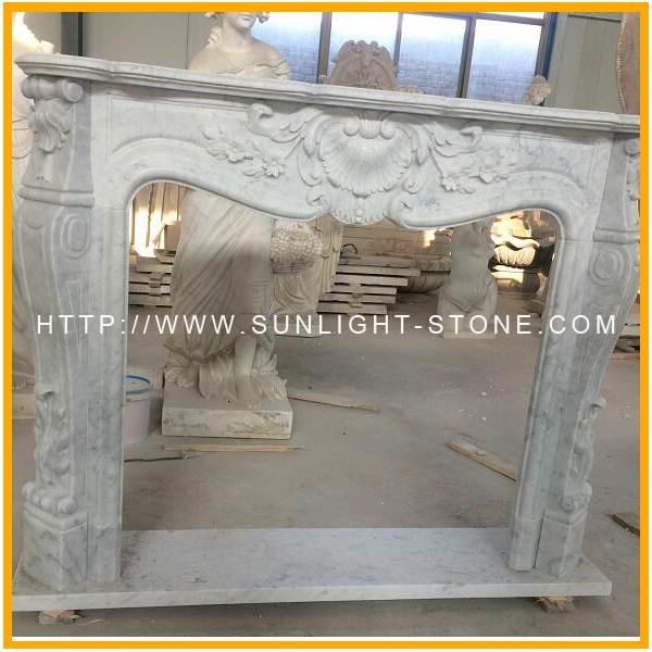 Carved White Carrara Stone Marble Fireplace Mantel