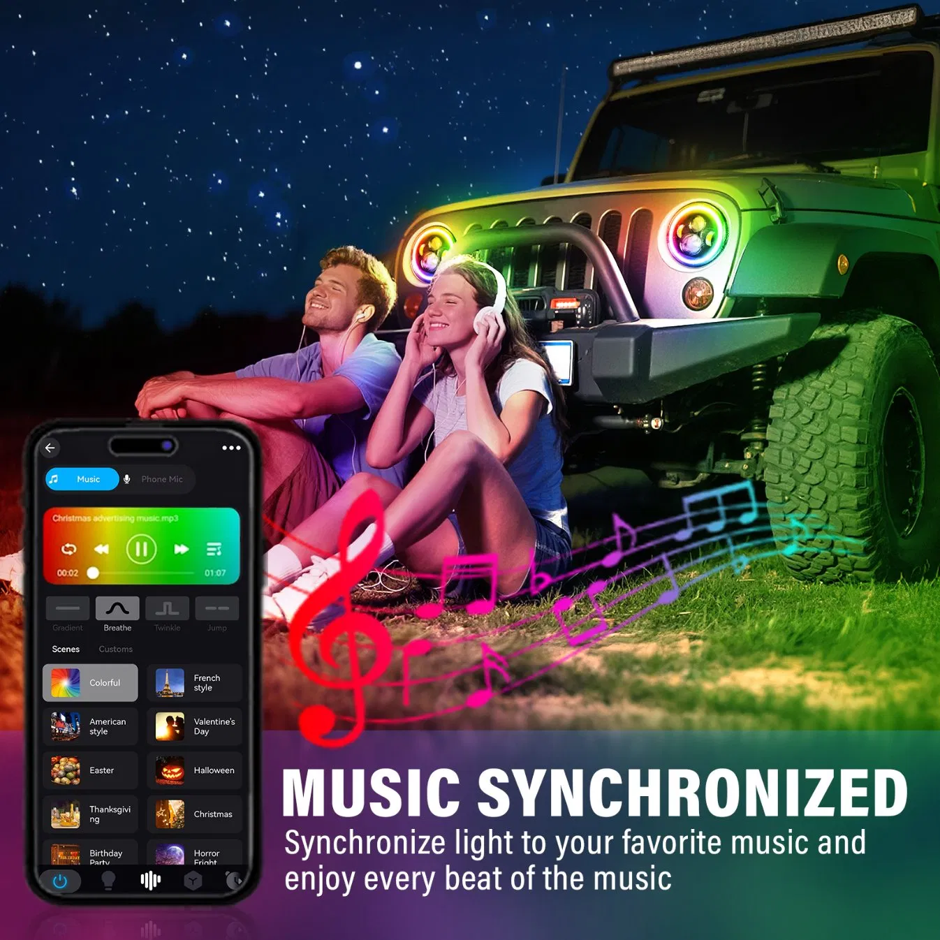 RGB LED Headlight Kit for Wrangler JK with Bluetooth App Control & Bracket
