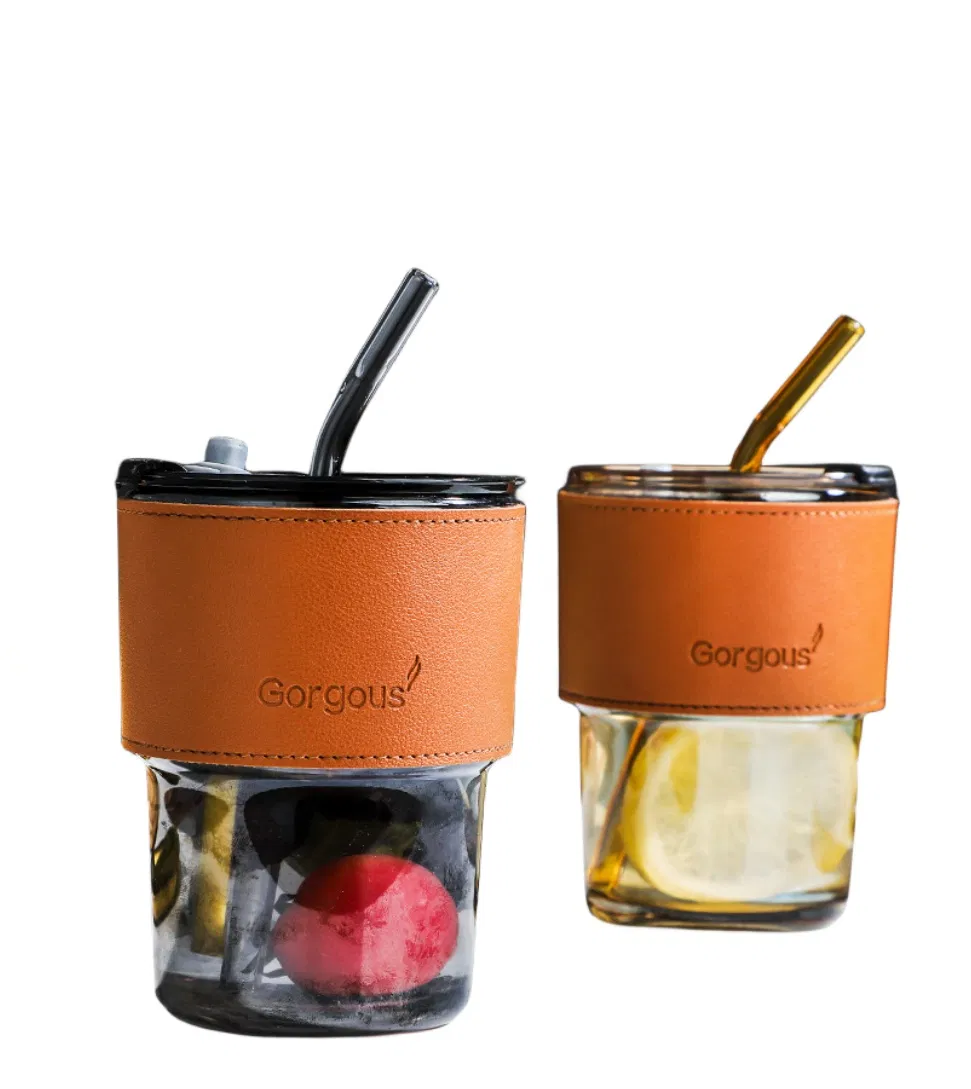 14oz Bamboo Shape Glass Coffee Cup Glass Milk Mug Glass Tea Cups with Straw and Lid