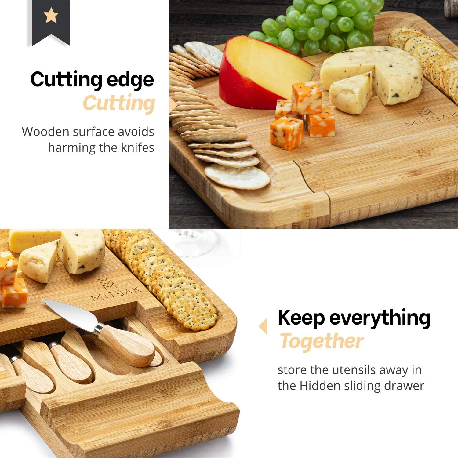 Bamboo Home Creative Kitchen Restaurant Suitable for Cheese Bread with Knives Bamboo Cheese Board