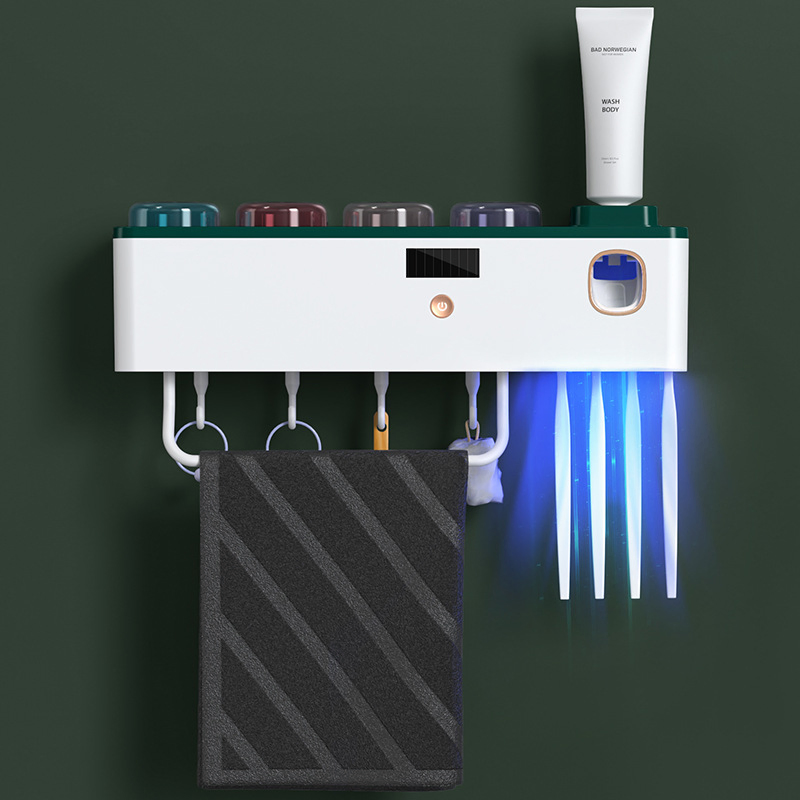 Rechargeable Bathrooms Smart Sterilizing Toothbrush Holder Toothpaste Dispenser UV Sterilizer Multi-Cup with Hook