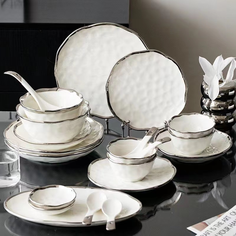 Luxury White Porcelain Dinner Set Featuring Elegant Silver Edging