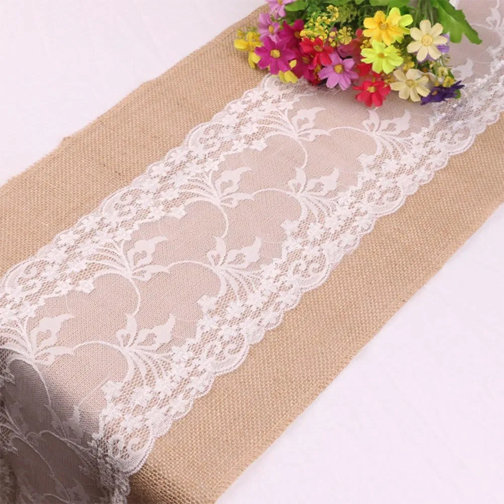 Party Wedding White Lace with Jute Table Runner
