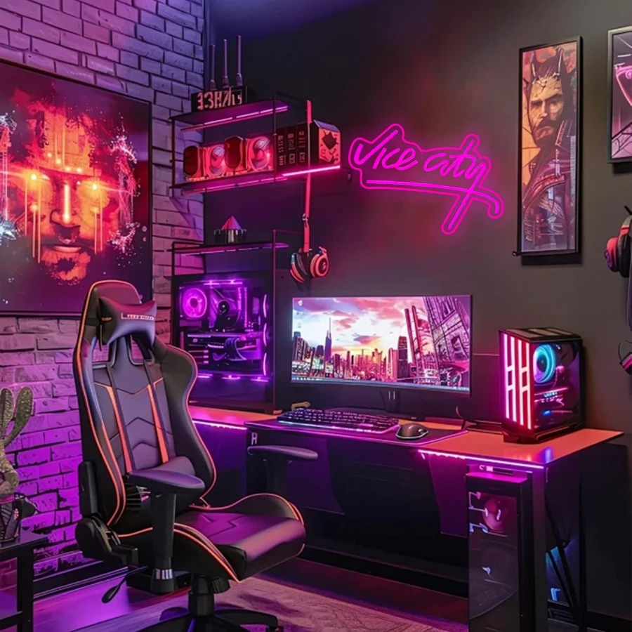 Vice City Neon Sign, LED Pink Letter Light, Used for Bedroom, Game Room, Club, Bar, Man Cave Art Decor, USB Powered Light.