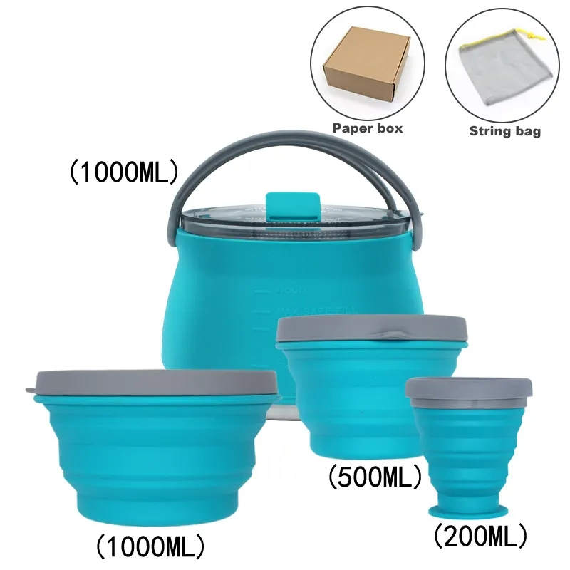 Four Plece Set Portable Silicone Camping Collapsible Kettle Pot Bowl Cups Cook Set with Custom Logo