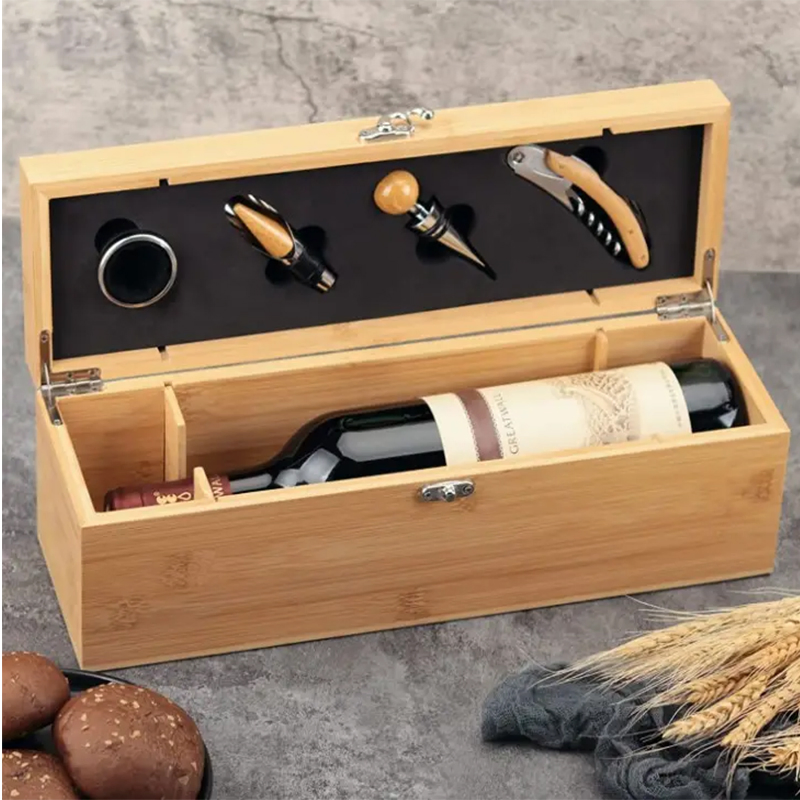 Bamboo Wood Wine Gift Box with Accessories, Wine Case with Tools Set