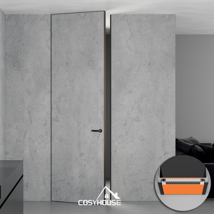 Sophisticated Hidden Wood Door with Slim Aluminum Border for Urban Interiors