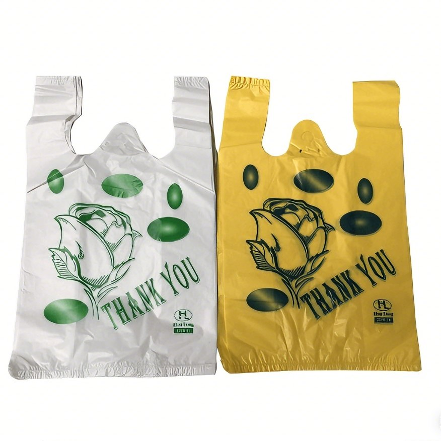 Floral "Thank You" Rose Print T-Shirt Bags in White and Yellow Colors