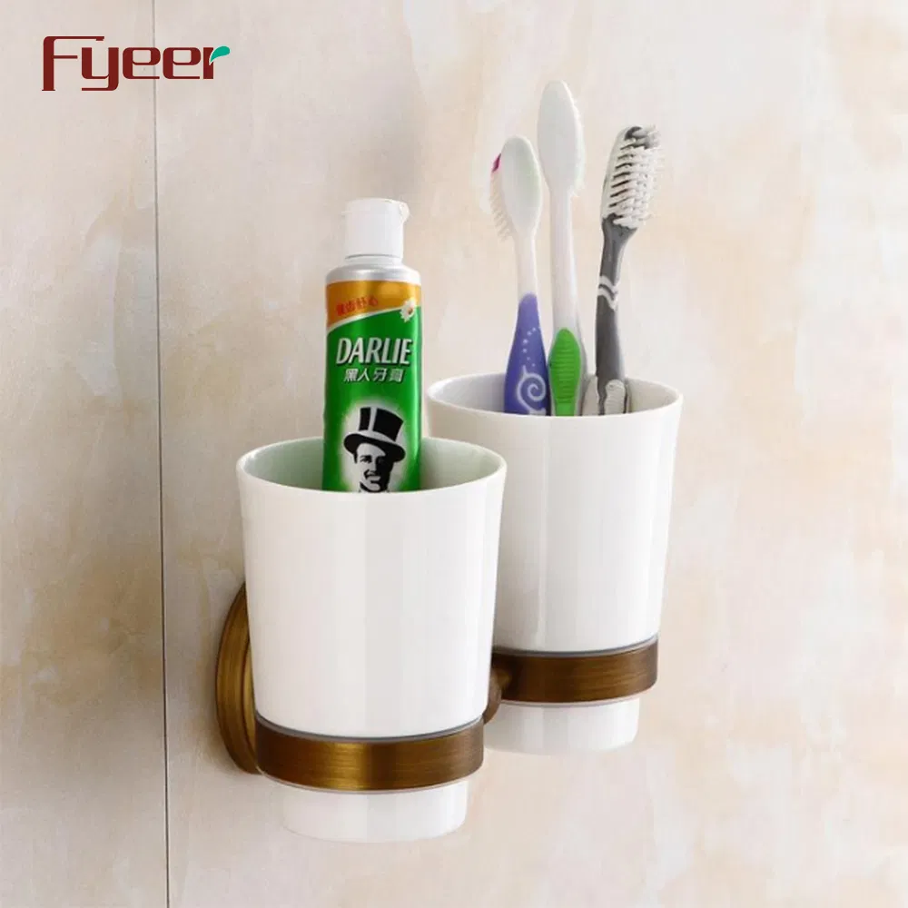 Fyeer Antique Brass Double Tooth Brush Holder with Ceramic Base