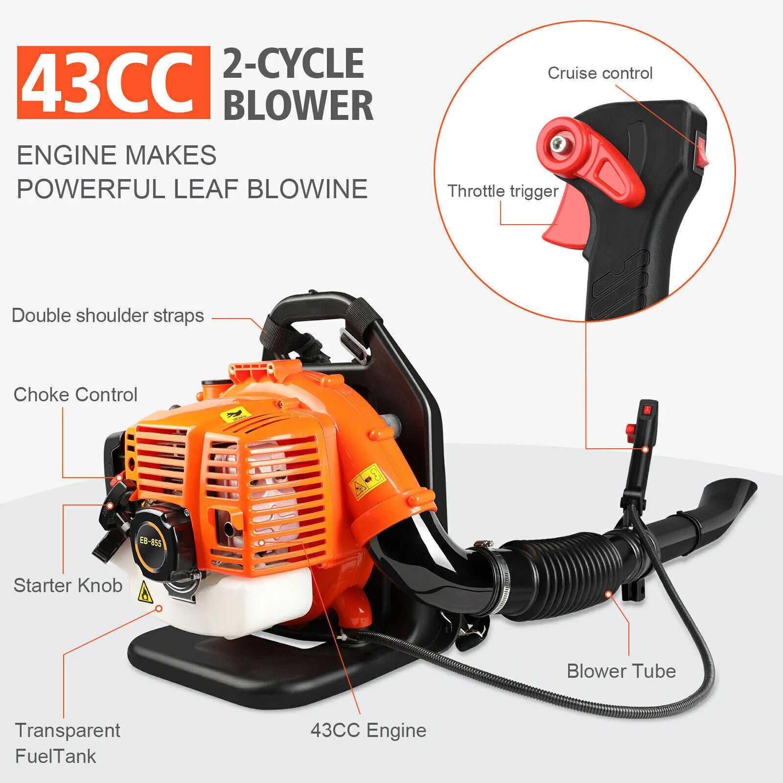 43cc 2-Stroke Cordless Petrol Leaf Blower Air Cooled Engine Garden Yard