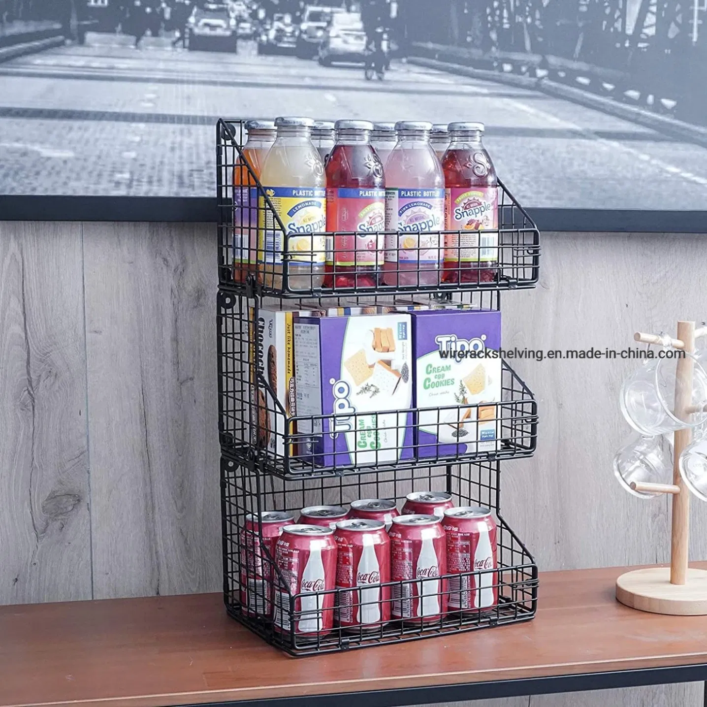Metal Wire Basket Coffee Snack Rack Wall Mount Shelf for Office Kitchen