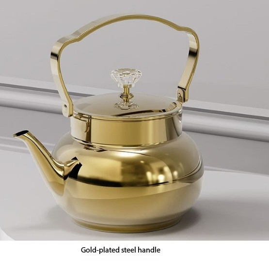 Stainless Steel Tea Kettle, Gold - Plated Pattern Teapot with Crystal Knob,