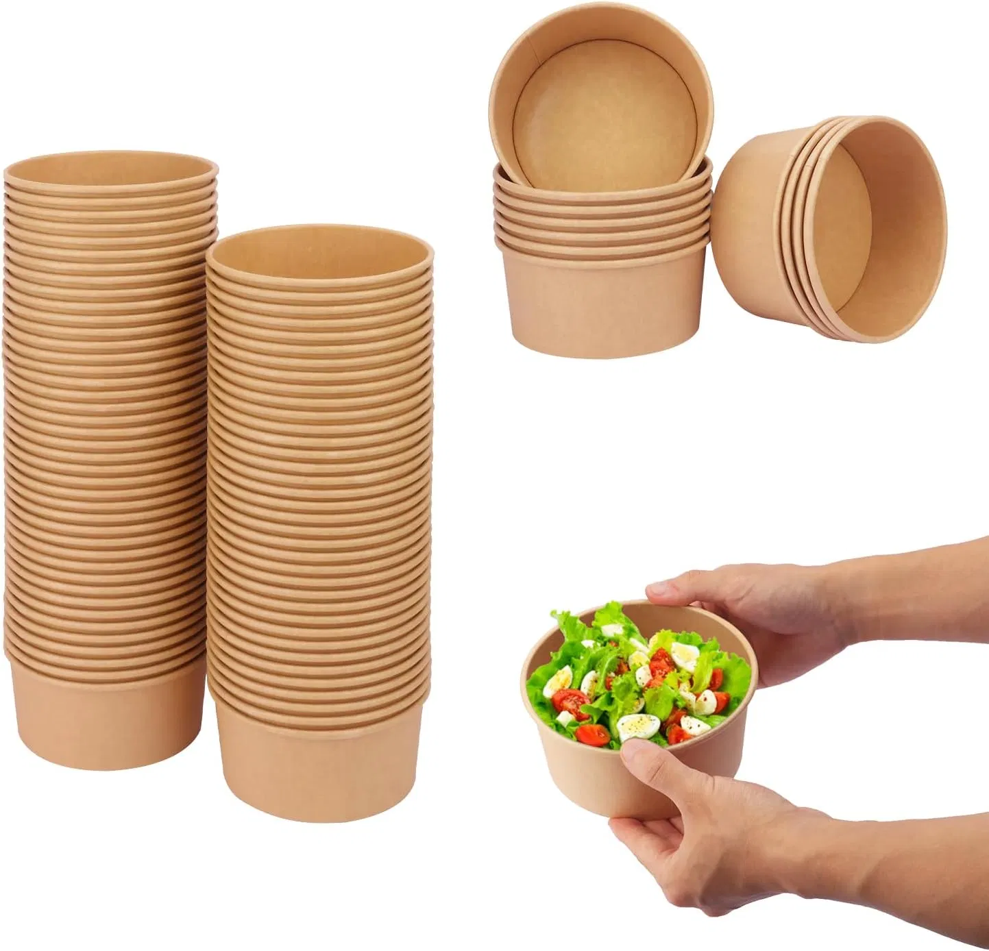 Kraft Paper Bowls, Disposable Soup/Salad Serving Bowls, Large Paper Bowls, Anti-Spill and Anti-Oil Soup Bowls, Disposable Food Containers for Hot/Cold Food