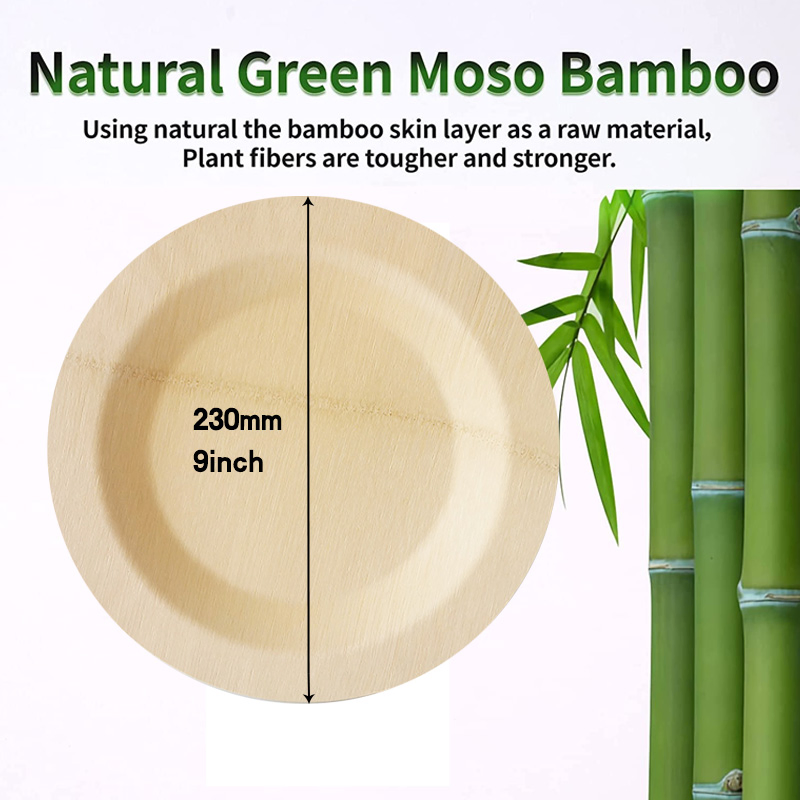 Biodegradable Disposable Bamboo Tableware 230mm Diameter Bamboo Plate Natural Color Custom for Dinner
