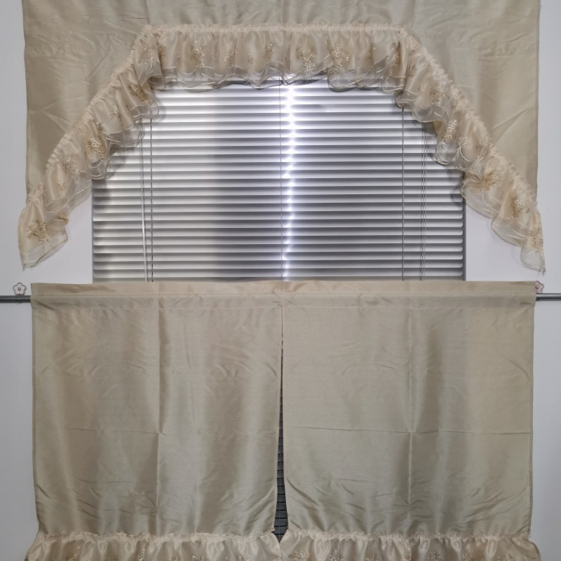 European Solid Color Polyester Luxury Kitchen Curtain with Lace Embroidery, for Kitchen Decoration