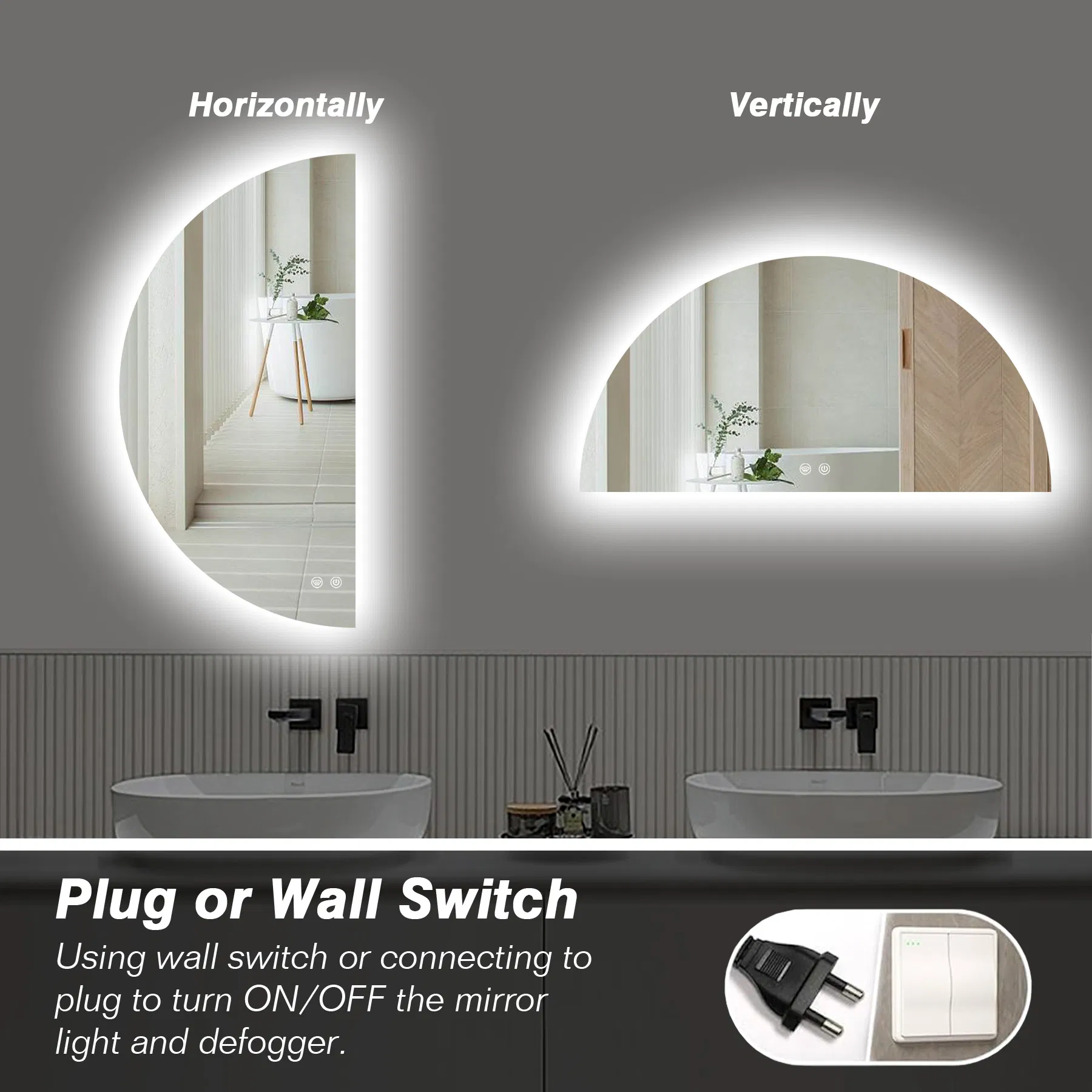 Ortonbath Backlit Lighted Bathroom Mirror for Wall, Anti-Fog, 3 Color Dimmable, Smart LED Vanity Mirror, 40" Half Moon HD Makeup Mirror for Home Hotel Decor