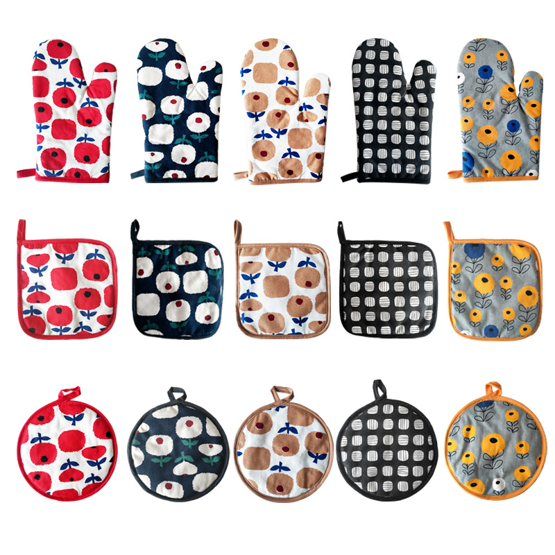 Pure Cotton Non Slip Kitchen Pot Holders and Oven Mitts Set