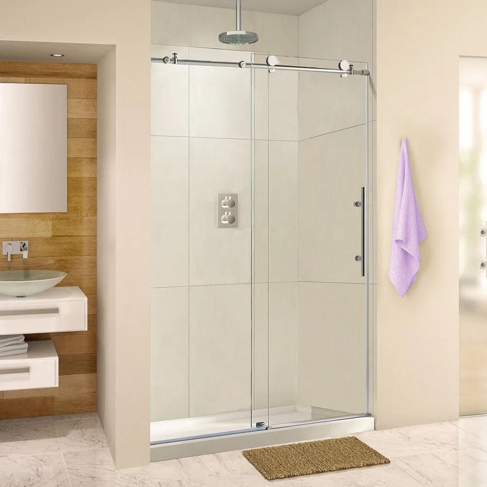 48" X 35" X 77.5" Completely Frameless Sliding Shower Enclosure with Right Drain Shower Base, Polished Chrome