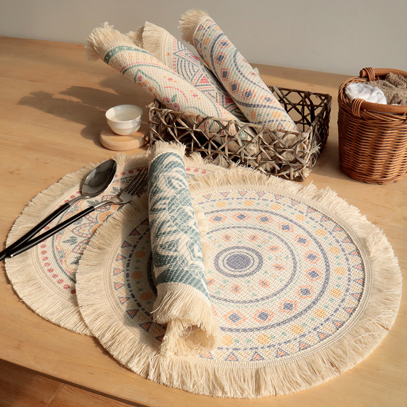 Boho Cotton Woven Macrame Tassels Table Mats Washable Heat Resistant Neutral Place Mat for Dining Room Kitchen Table Decor