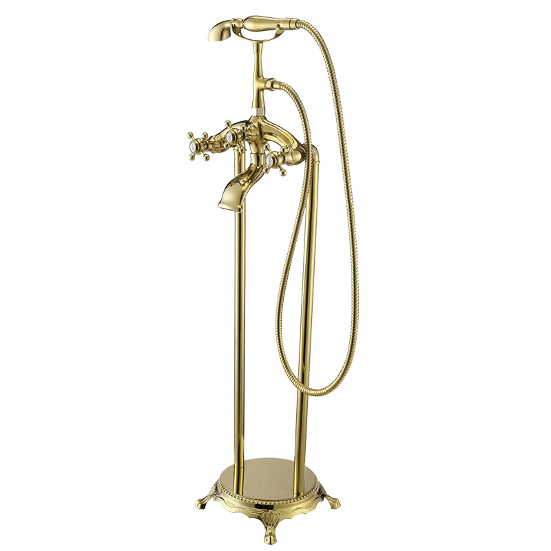 Classical Full Brass Retro Floor-Standing Double-Column Vertical European-Style Chaise Bathtub Faucet