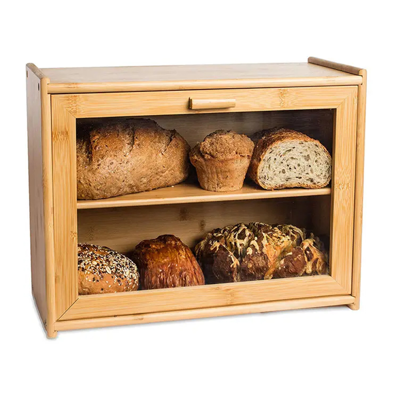 Farmhouse Style Double Layer Bread Holder Storage Bin Large Bamboo Bread Box