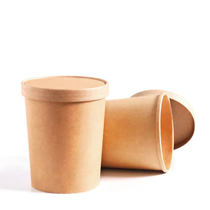Disposable Food Container Brown Kraft Paper Soup Bowl with Paper Lid