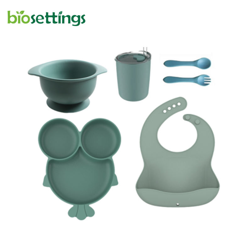 Baby Silicone Straw Drink Cup Soft Sucker Bowl Plate Bibs Silicone Kids Plate Spoon Fork Feeding Set Owl Silicone Plate