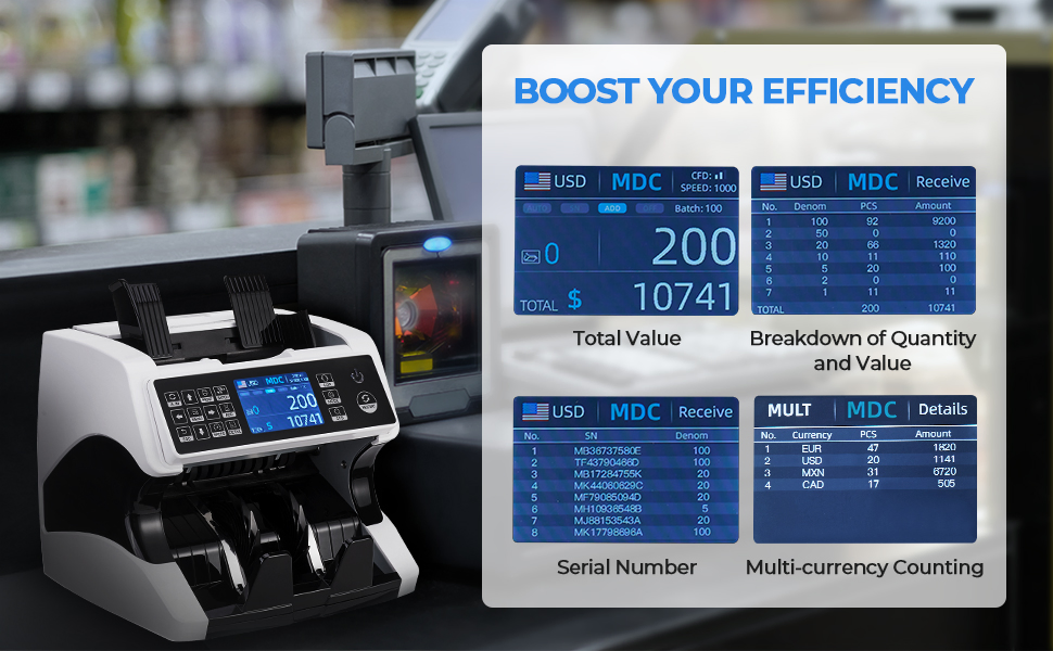 One Pocket Dual Cis Tech Multi Currencies Mixed Bill Value Money Counter Cash Sorter