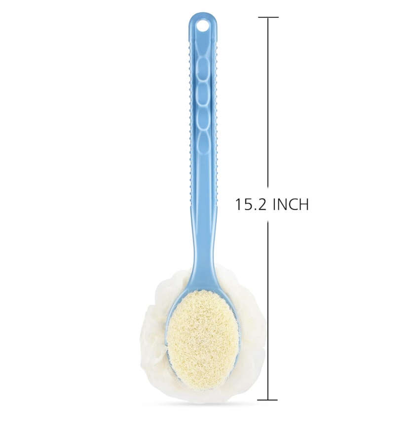 Shower Body Brush Back Scrubber Bath Mesh Sponge with Bristles and Loofah