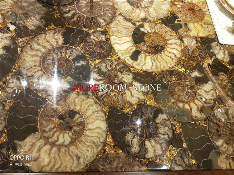 Luxury Villa Decor European Style Italian Custom Round Rectangle Brown Ammonite Sea Shell Fossil Nautilus Gemstone Dining Countertop