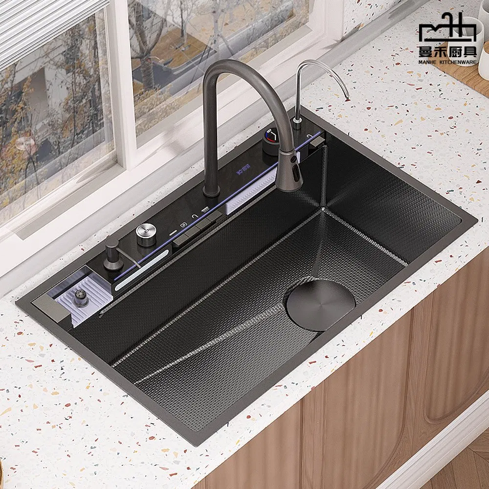 New Undermount Waterfall Kitchen Sink Flying Rain Sink Multifunctional Sink Nano Black Sink Whale