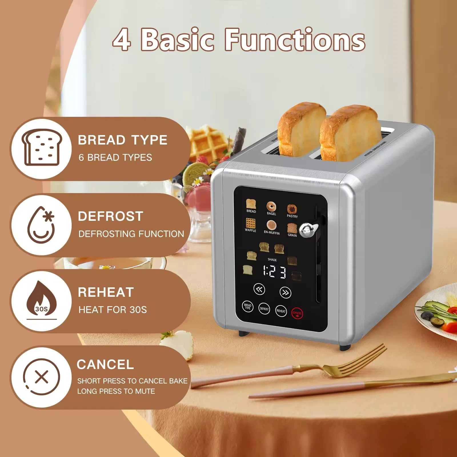 2-Slice Stainless Steel Digital Timer Toaster with Touch Screen 6 Bread Types Premium Toaster for Perfect Toast
