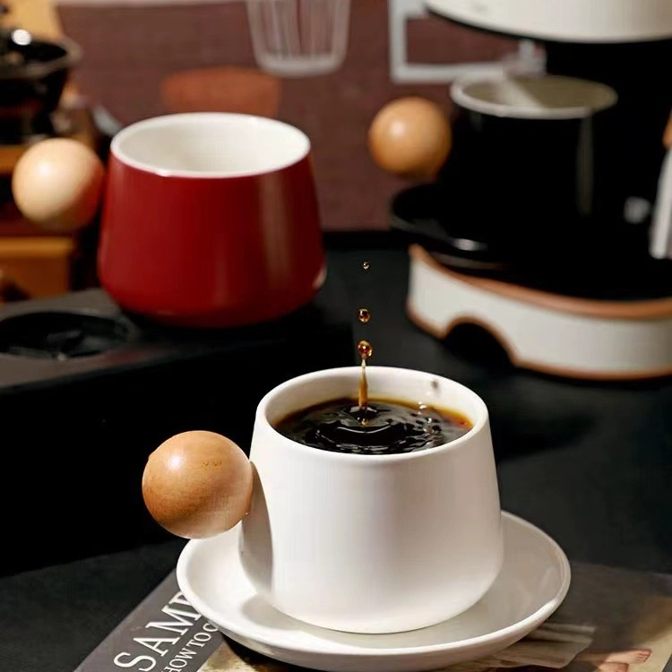 Handmade Ceramic Cup & Saucer Sets with Wooden Ball Handle Japanese Style Coffee Mug Ceramic Cup