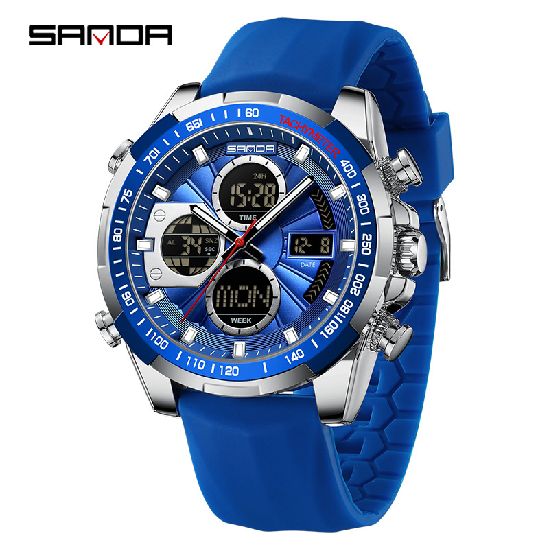 Men's Large Dial Electronic Watch Waterproof Alloy Case Multifunctional Chronograph Calendar Wristwatch