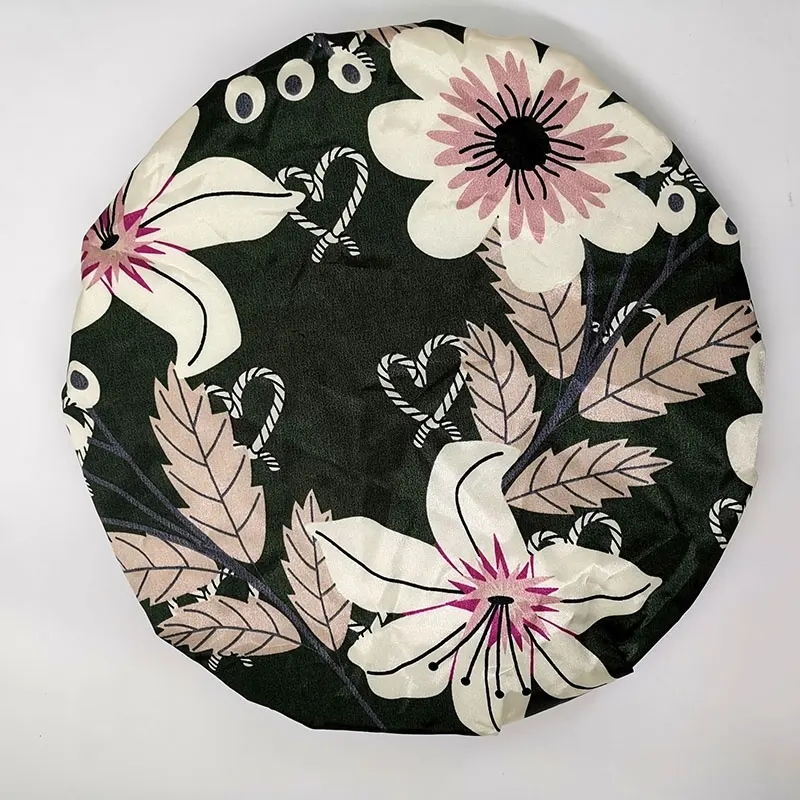 High Quality Greenish Lily Printing Satin Shower Caps