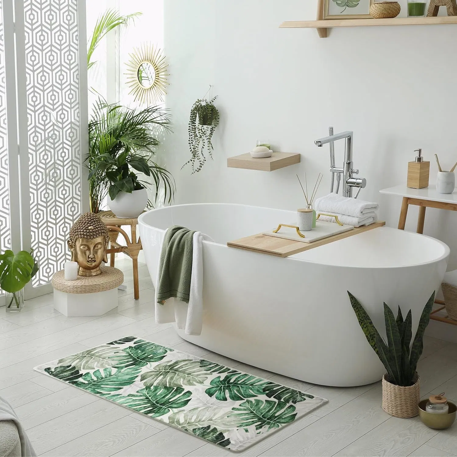 Clearance 3 Pieces Green Monstera Rug Washable Large Long Bathroom Strong Water Absorbent Rugs Non Slip Matting