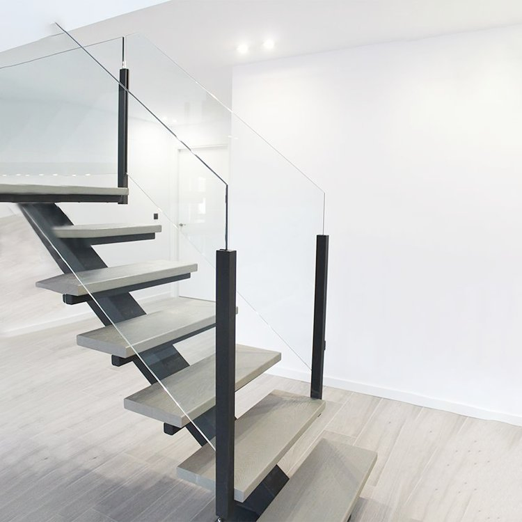 Customized U-Shaped Glass Wood Stairs Design Indoor Mono Stringer Staircase