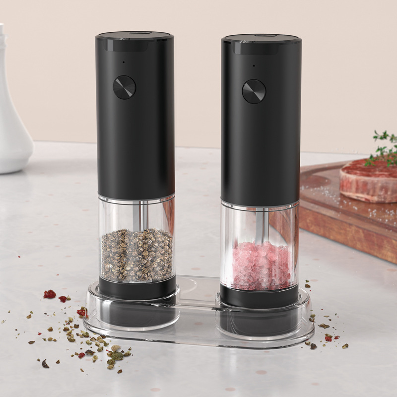Electric Salt and Pepper 2 Grinder Set with Base Adjustable Coarseness, LED Light, Refillable Automatic Spice Mill