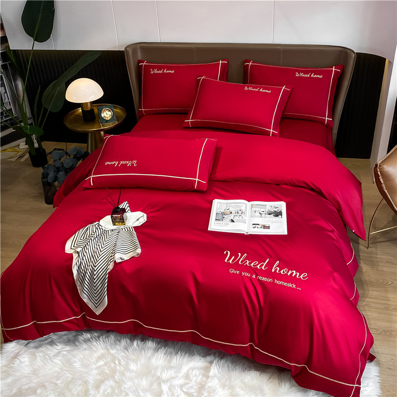 Plain Cotton Supima Bedding Set Embroidered Bedspread Red Wedding Bedsheets